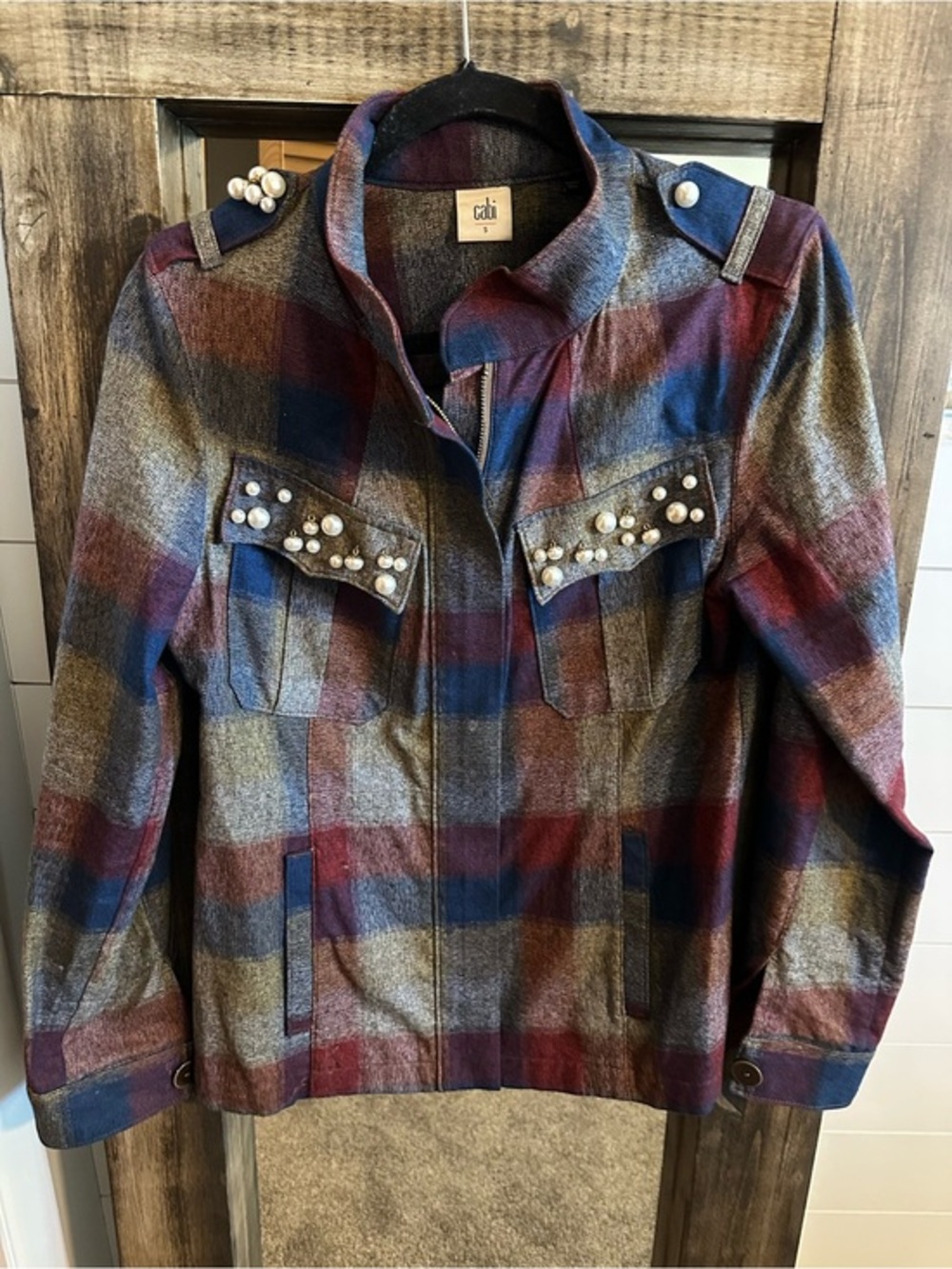 Cabi Chip Jacket Style 3555 Pearl Embellished Plaid Jacket Small Military